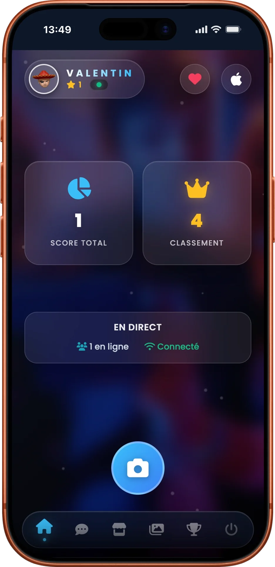 Interface mobile PhotoSharing permettant d’envoyer une photo, de consulter la galerie et de participer aux animations